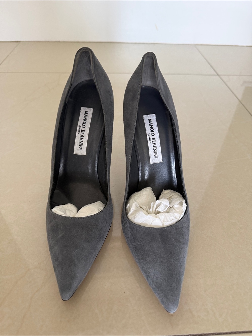 Manolo Blahnik BB Charcoal Suede Pointed-Toe Pumps